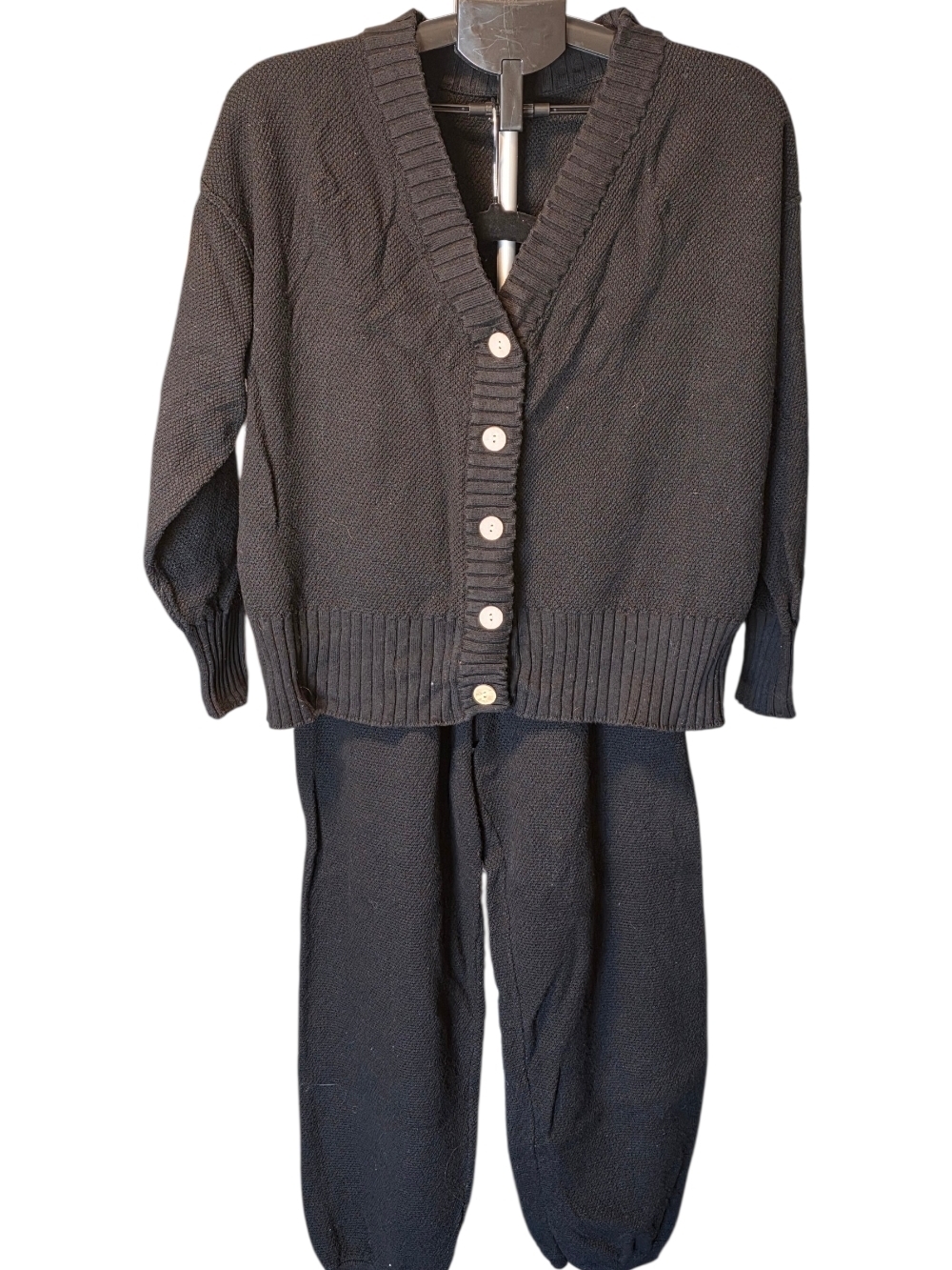 Black Knit Button-Front Cardigan and Pants Set - Women